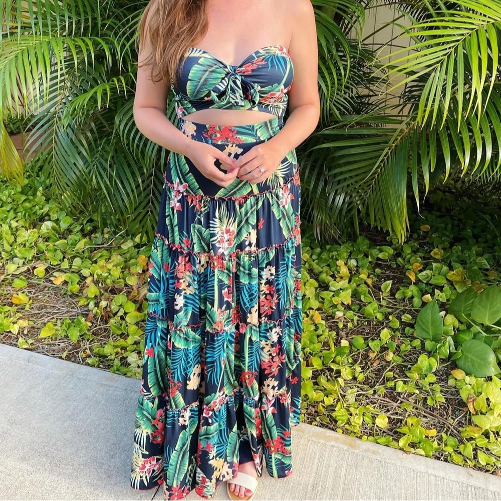 Tropical Print Strapless 2 Piece Set /Maxi Dress